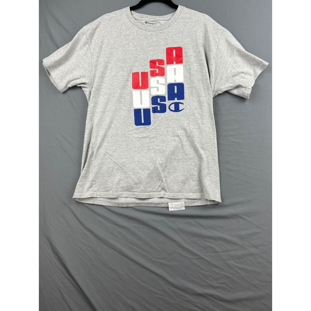 Champion USA Graphic T-Shirt Women Large Gray Short Sleeve Cotton Blend Good